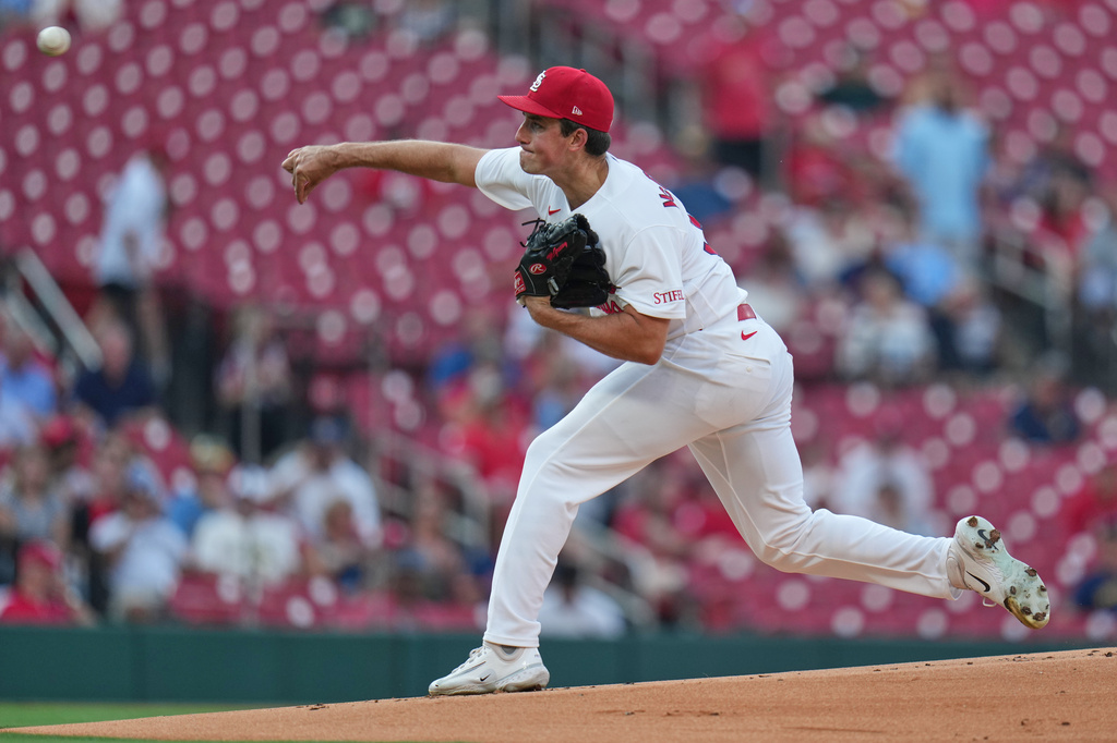 St. Louis Cardinals starting pitcher Michael McGreevy throws during the first inning of a baseball game against the Milwaukee Brewers Wednesday, July 8, 2026, in St. Louis. (AP Photo/Jeff Roberson)