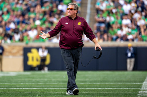 FILE - Central Michigan head coach Jim McElwain reacts during an NCAA football game against Notre Dame on Sept. 16, 2023, in South Bend, Ind. (AP Photo/Doug McSchooler, File) FILE - Central Michigan head coach Jim McElwain reacts during an NCAA football game against Notre Dame on Sept. 16, 2023, in South Bend, Ind. (AP Photo/Doug McSchooler, File)