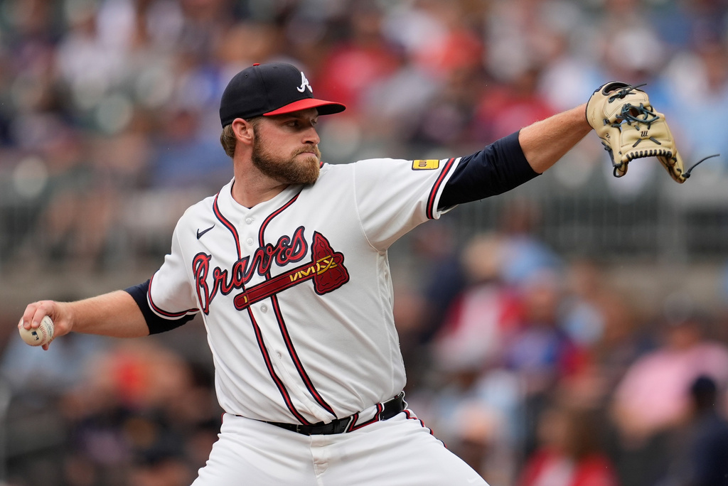 Atlanta Braves pitcher Bryce Elder (55) works in the first inning of a baseball game against the Miami Marlins, Wednesday, Aug. 5, 2026, in Atlanta. (AP Photo/Mike Stewart)
