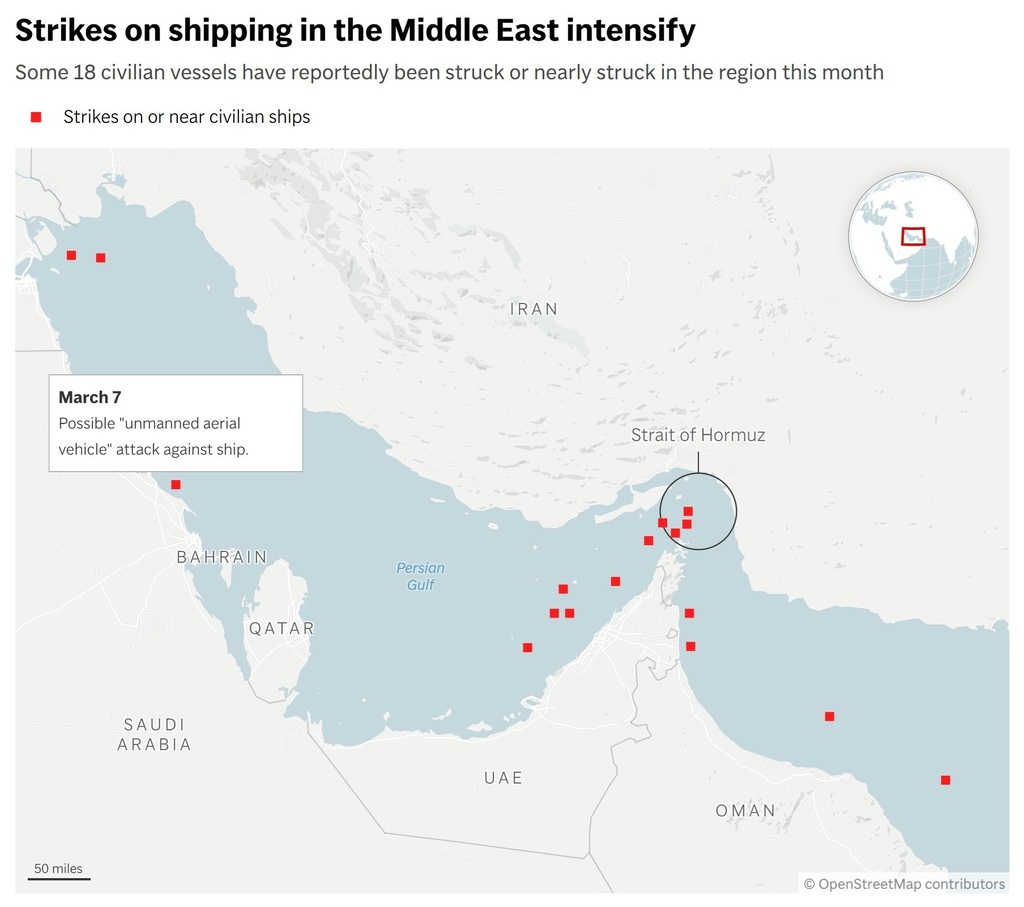 A map showing where civilian ships have been struck in the Middle East since March 1. (AP Digital Embed)