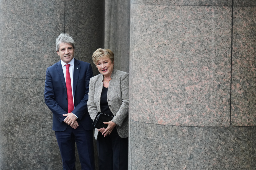 President of the International Monetary Fund Kristalina Georgieva, right, and Argentina Economy Minister Luis Caputo arrive at the Economy Ministry for a meeting in Buenos Aires, Argentina, Monday, July 27, 2026. (AP Photo/Gustavo Garello)