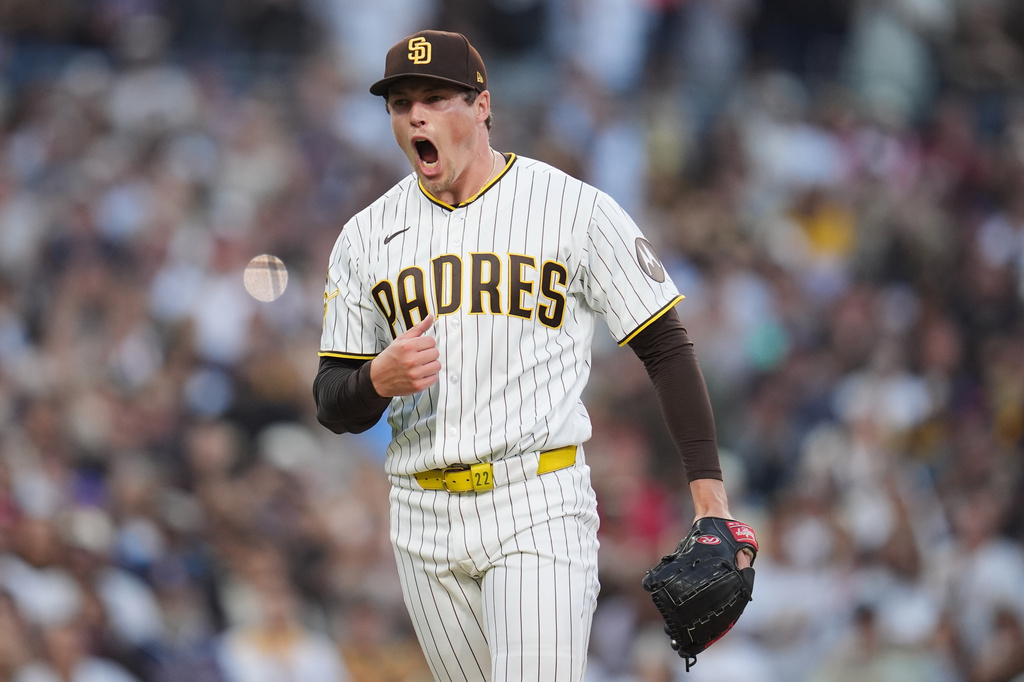 San Diego Padres pitcher Mason Miller celebrates after the Padres defeated the St. Louis Cardinals 4-2 in a baseball game Saturday, May 9, 2026, in San Diego. (AP Photo/Gregory Bull)