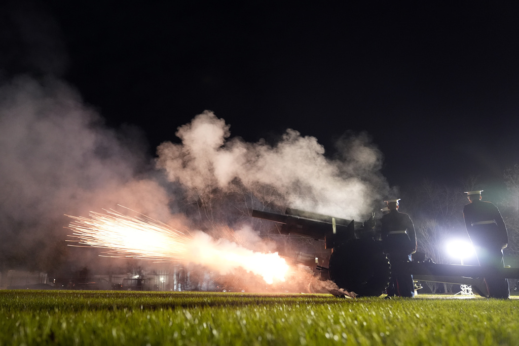 Members of the military fire cannons as part of a 21-gun salute at the interment ceremony at the Carter residence for former President Jimmy Carter in Plains, Ga., Thursday, Jan. 9, 2025. (AP Photo/Alex Brandon, Pool)