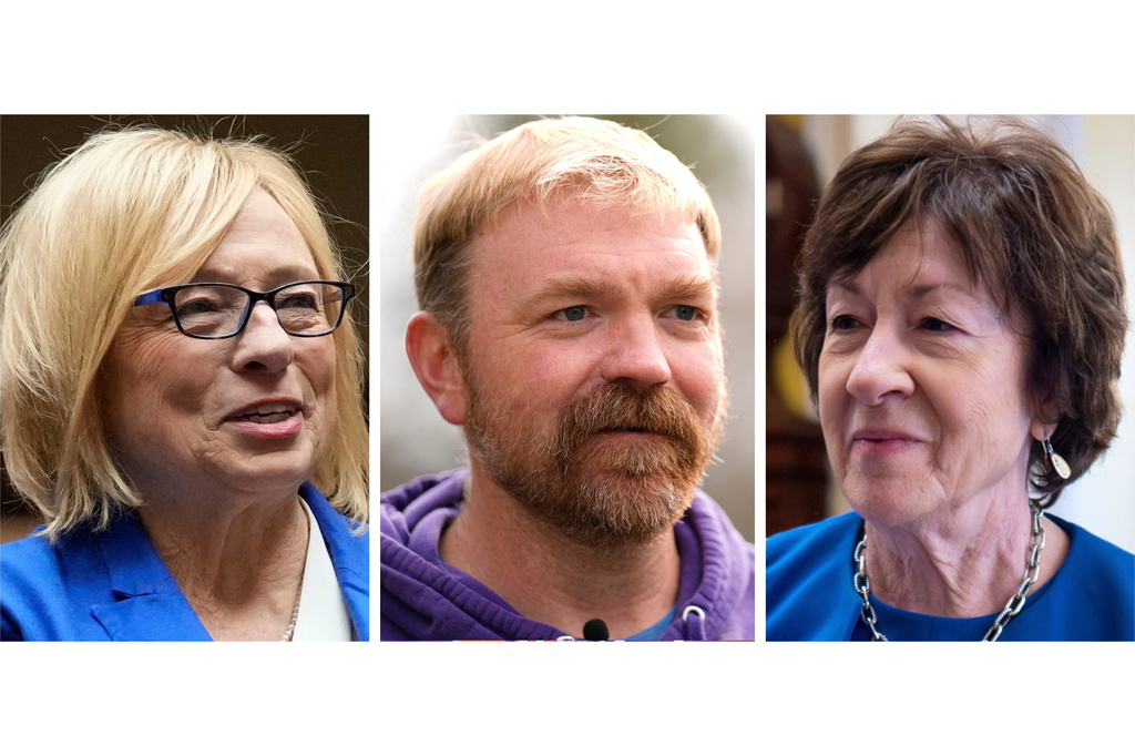 This combination of photos shows Democratic Gov. Janet Mills on Jan. 30, 2024, in Augusta, Maine, left, Democratic candidate for U.S. Senate Graham Platner on Nov. 3, 2025, in Sullivan, Maine, center, and Sen. Susan Collins, R-Maine, on March 26, 2026, in Washington, right. (AP Photo)