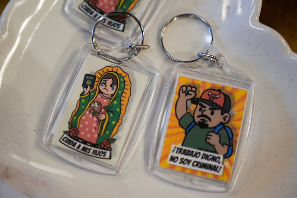 Keychains sit for sale at Pilsen Vintage, Wednesday, Nov. 19, 2025, in the Pilsen neighborhood of Chicago. (AP Photo/Erin Hooley)