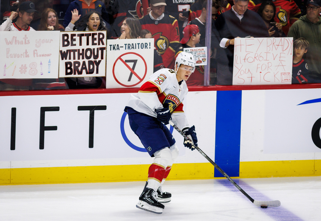 Florida Panthers' Brady Tkachuk (8) skates during warmups prior to an NHL hockey game against the Ottawa Senators in Ottawa, on Wednesday, Oct. 21, 2026. (Keito Newman/The Canadian Press via AP)