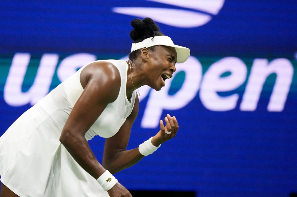 Venus Williams, of the United States, reacts during her first round match against compatriot Sofia Kenin at the U.S. Open tennis championships, Monday, Aug. 31, 2026, in New York. (AP Photo/Frank Franklin II)
