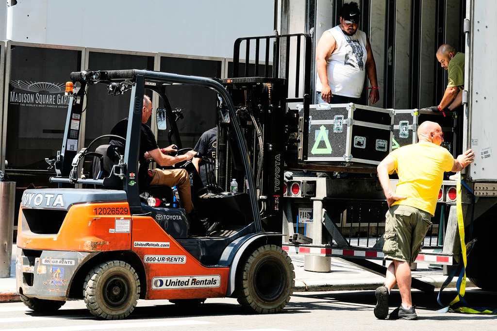 A truck is unloaded outside New York's Madison Square Garden, Wednesday, July 1, 2026. (AP Photo/Richard Drew)