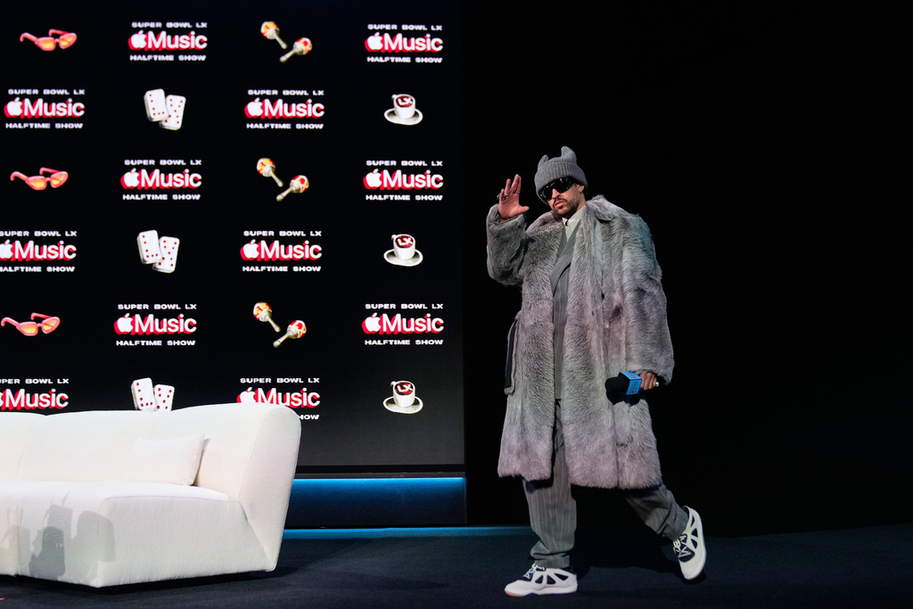 Apple Music Super Bowl LX Halftime Show performer Bad Bunny arrives for a news conference, Thursday, Feb. 5, 2026, in San Francisco ahead of the NFL Super Bowl 60 football game between the Seattle Seahawks and the New England Patriots. (AP Photo/Godofredo A. Vásquez)