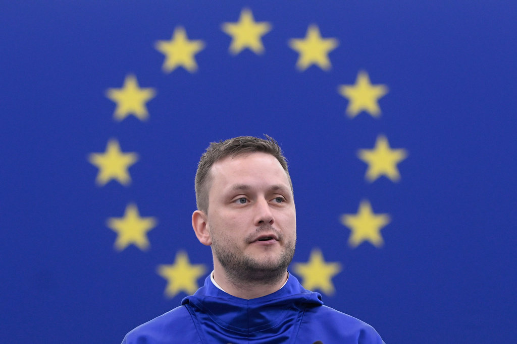 Prime Minister of Greenland Jens-Frederik Nielsen delivers a speech Wednesday, Oct. 8, 2025 at the European Parliament in Strasbourg, eastern France. (AP Photo/Pascal Bastien)