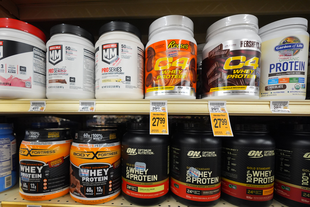 Protein products sit for sale at a grocery store, Wednesday, June 10, 2026, in Dallas. (AP Photo/LM Otero)