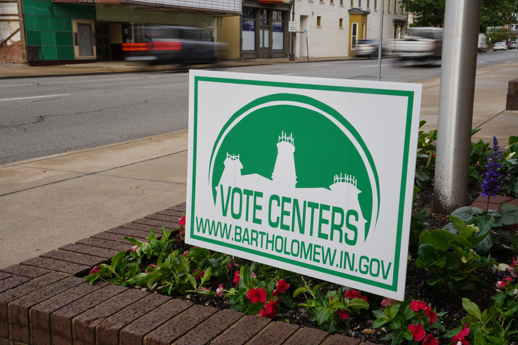 A voting sign is seen outside the Bartholomew County Governmental Office Building in Columbus, Ind., on Thursday, May 5, 2026. (AP Photo/Obed Lamy)