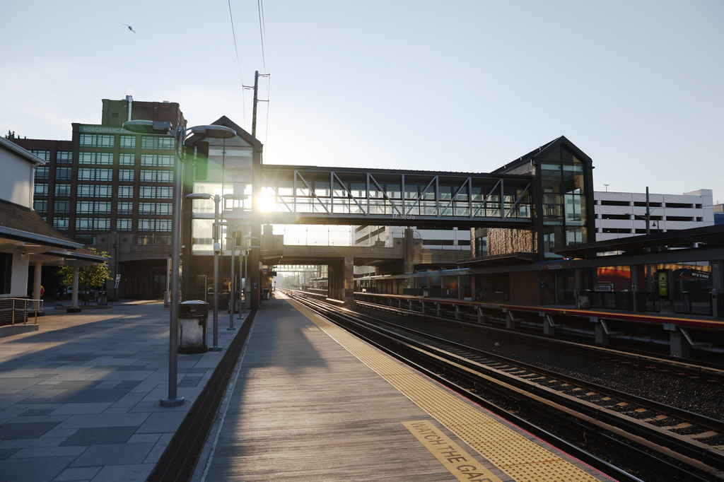 Tracks are empty at Mineola train station as Long Island Rail Road workers enter the third day of their strike, Monday, May 18, 2026, in Mineola, N.Y. (AP Photo/Heather Khalifa)
