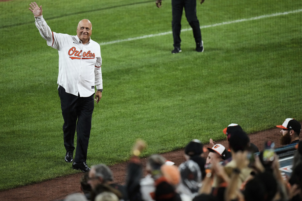 Former Baltimore Oriole Cal Ripken Jr. is honored on the anniversary of setting the record for most consecutive games played in the MLB during a baseball game between the Orioles and the Los Angeles Dodgers, Saturday, Sept. 6, 2025, in Baltimore. (AP Photo/Stephanie Scarbrough)