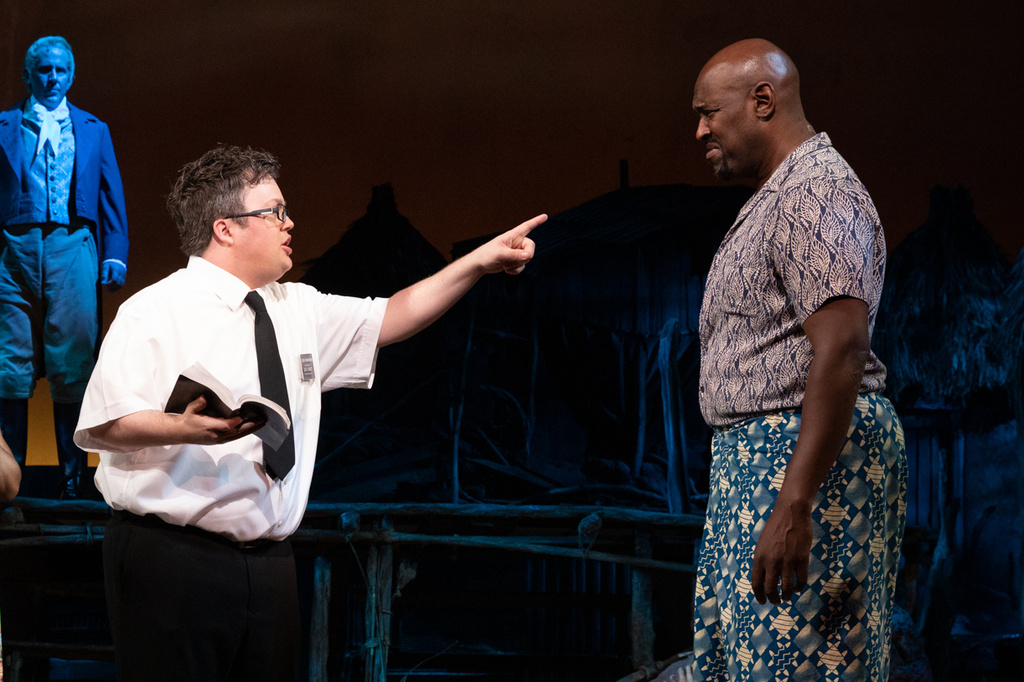 This undated image shows Cody Jamison Strand, left, and John Eric Parker during a performance of "The Book of Mormon" in New York. (Julieta Cervantes via AP)