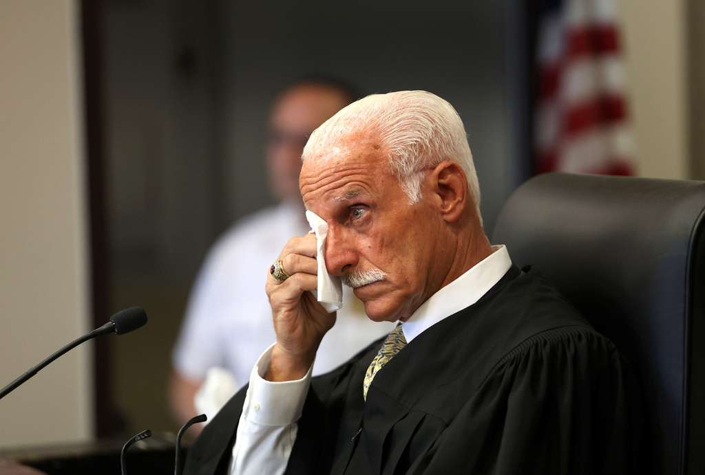 Judge Tim Mazzei becomes emotional as Jasmine Robinson, cousin of Jessica Taylor, speaks during a victim impact statement during sentencing of Gilgo serial killer Rex Heuermann at Suffolk County Court in Riverhead, N.Y., on Wednesday, June. 17, 2026. (James Carbone/Newsday via AP, Pool)