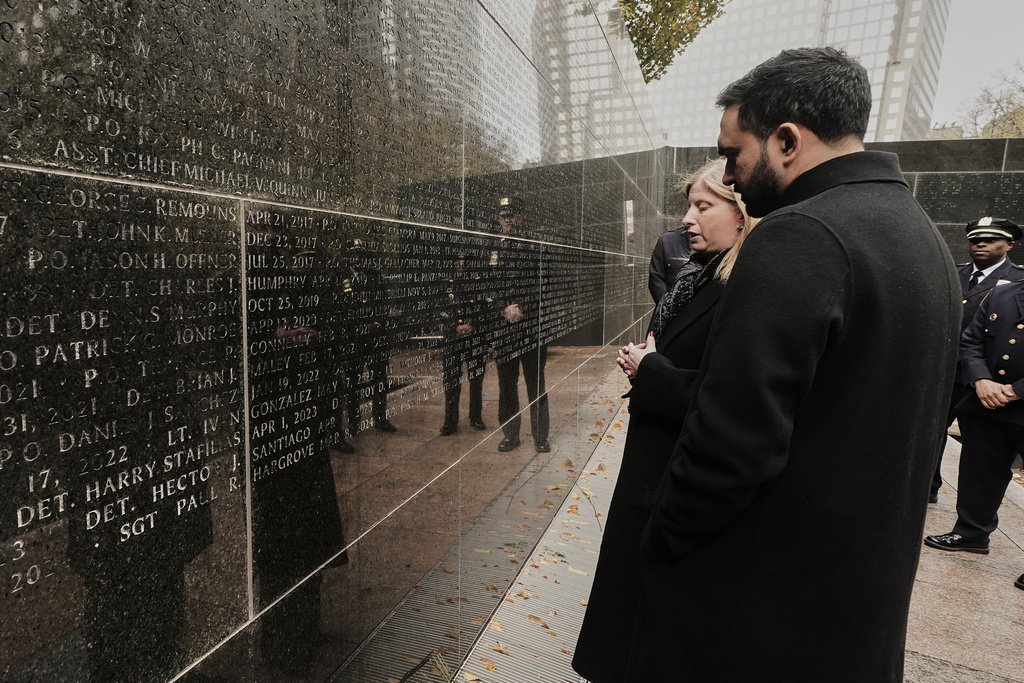 New York Mayor-elect Zohran Mamdani and New York City Police Commissioner Jessica Tisch visit the New York City Police Memorial, Wednesday, Nov. 19, 2025. (AP Photo/Richard Drew)