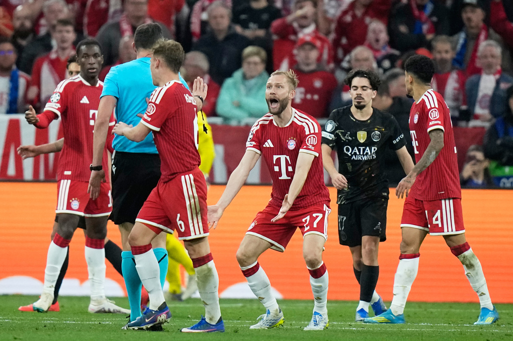 Bayern's Konrad Laimer gestures during the Champions League semifinal second leg soccer match between Bayern Munich and Paris Saint Germain in Munich, Germany, Wednesday, May 6, 2026. (AP Photo/Matthias Schrader)