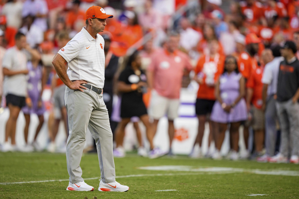 Clemson head coach Dabo Swinney looks on before an NCAA college football game against LSU, Saturday, Aug. 30, 2025, in Clemson, S.C. (AP Photo/Jacob Kupferman)