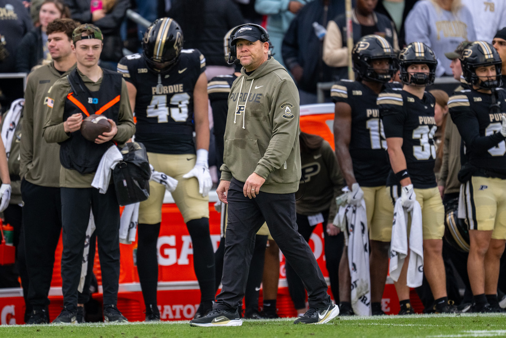 Purdue head coach Barry Odom watches during the second half of an NCAA college football game against Ohio State, Saturday, Nov. 8, 2025, in West Lafayette, Ind. (AP Photo/Doug McSchooler)