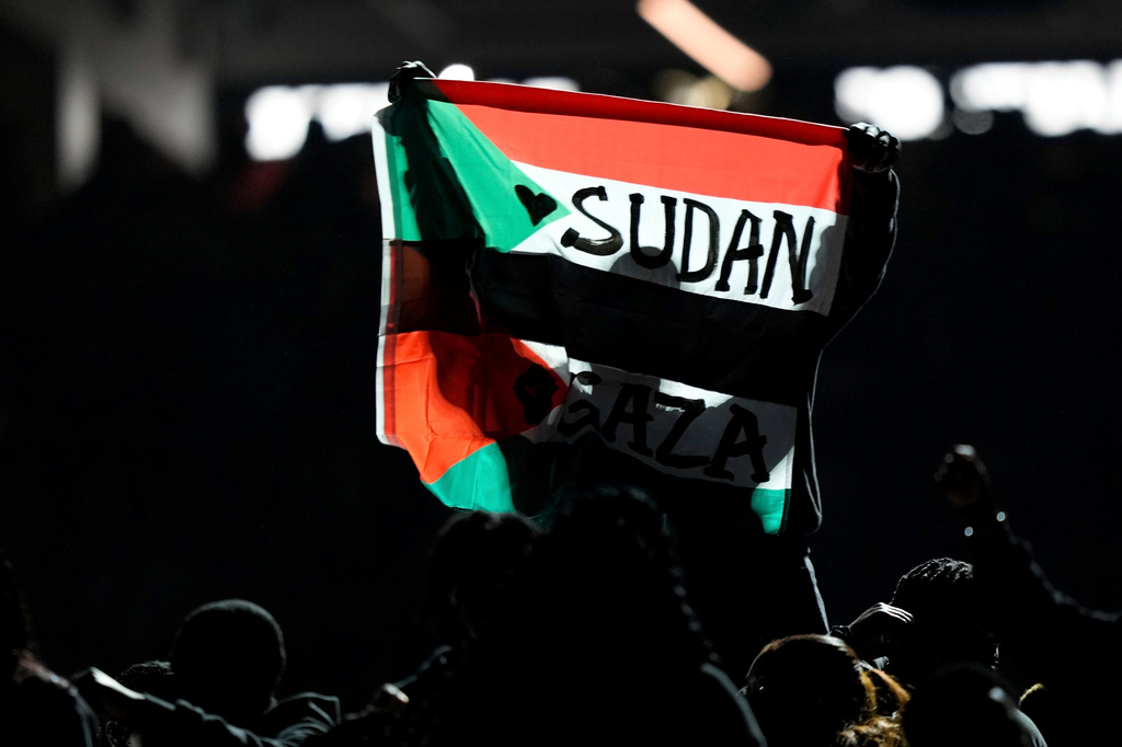 FILE - A flag is raised during halftime of the NFL Super Bowl 59 football game between the Kansas City Chiefs and the Philadelphia Eagles, Feb. 9, 2025, in New Orleans. (AP Photo/Matt Slocum, File)