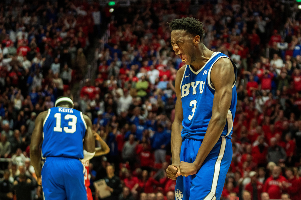 BYU forward AJ Dybantsa (3) reacts after a big play during the second half of an NCAA college basketball game against Utah, Saturday, Jan. 10, 2026, in Salt Lake City. (AP Photo/Rick Egan)
