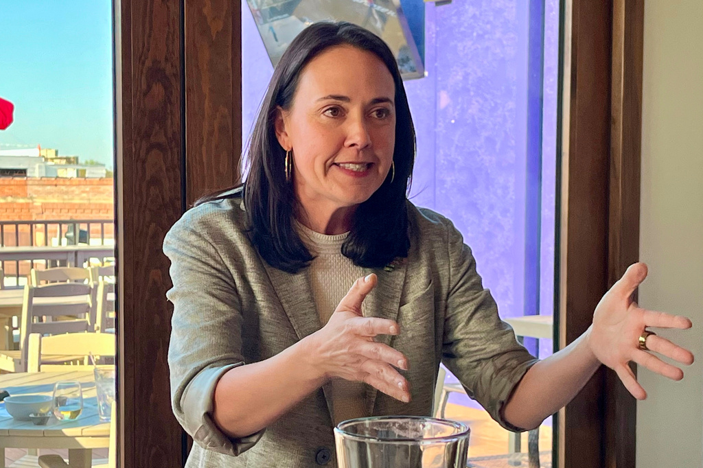 Political activist Denise Powell speaks at a fundraising event Thursday, April 16, 2026, in Omaha, Neb. (AP Photo/Margery A. Beck)