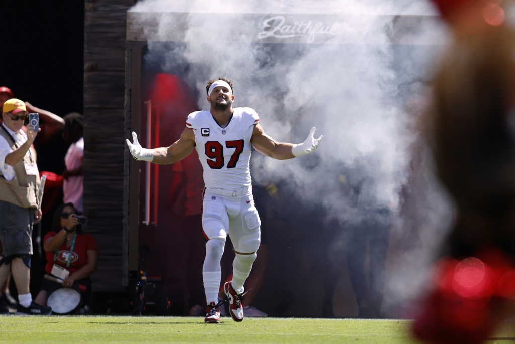 San Francisco 49ers defensive end Nick Bosa takes the field prior to an NFL football game against the Arizona Cardinals, Sunday, Sept. 21, 2025, in Santa Clara. (AP Photo/Sergio Estrada)