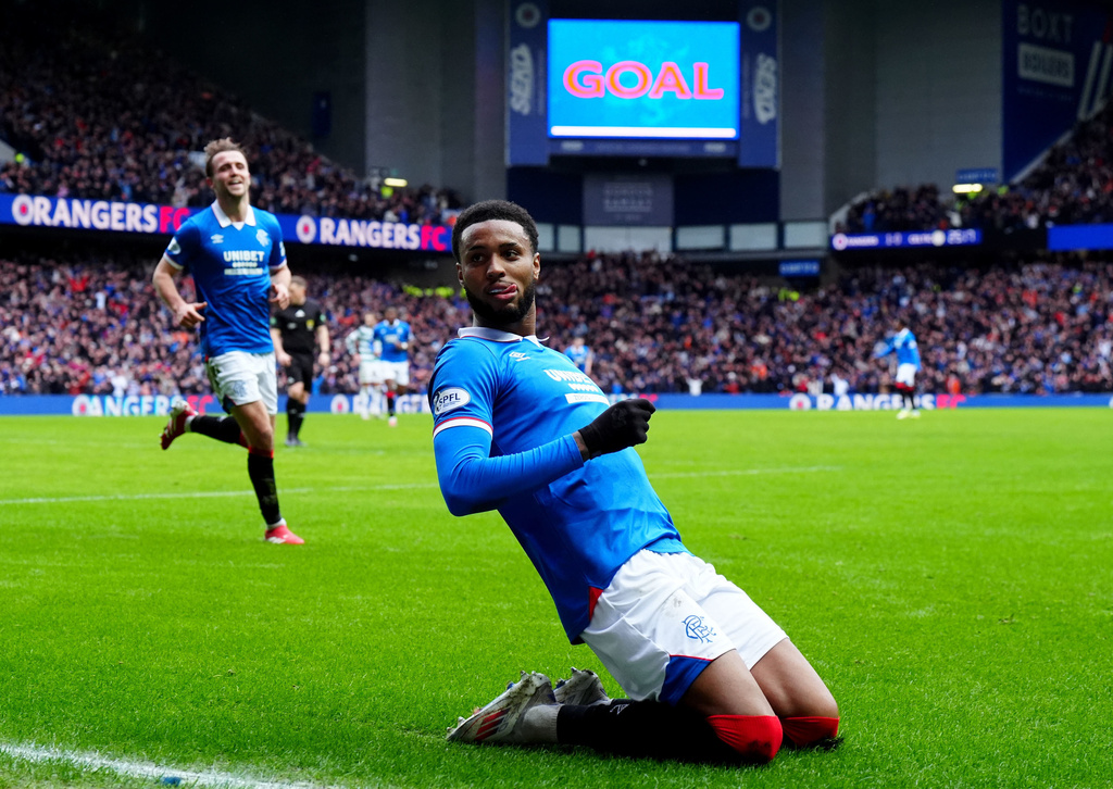 Ranger's Youssef Chermiti celebrates after scoring his side's second goal during the Scottish Premiership match between Glasgow Rangers and Celtic Glasgow in Glasgow, Scotland, Sunday, March 1, 2026. ( Jane Barlow/PA via AP)