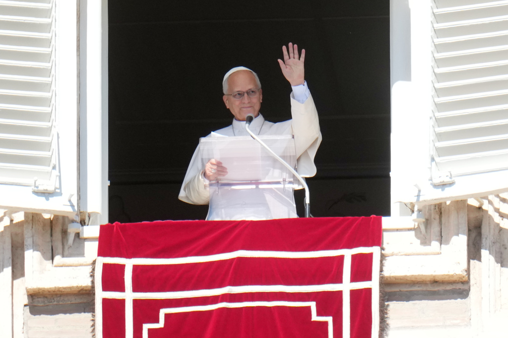Pope Leo XIV delivers the Angelus prayer in St. Peter's Square at the Vatican, Sunday, Oct. 11, 2026. (AP Photo/Gregorio Borgia)