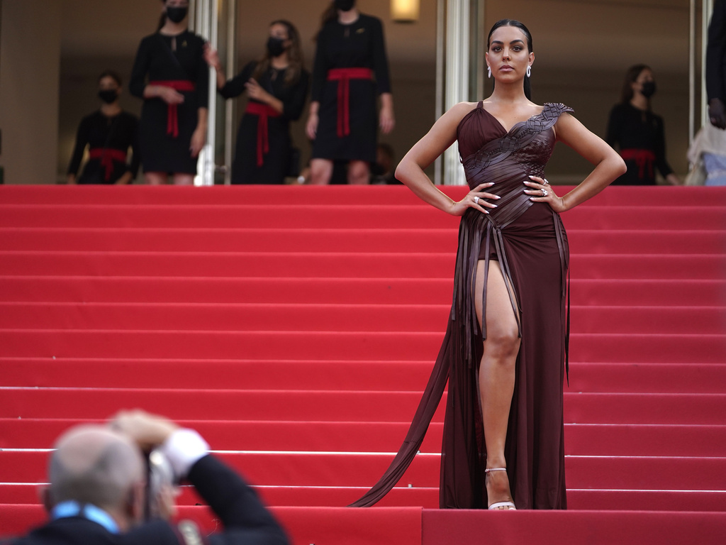 FILE - Georgina Rodriguez poses for photographers upon arrival at the premiere of the film 'France' at the 74th international film festival, Cannes, southern France, July 15, 2021. (AP Photo/Brynn Anderson, File)