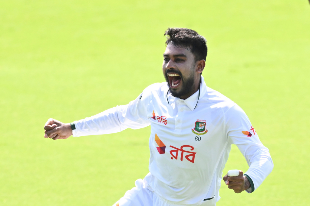 Mehidy Hasan Miraz of Bangladesh celebrates after dismissing Beau Webster of Australia during play on day four of the first cricket test in Darwin, Australia, Sunday, Aug. 16, 2026. (James Ross/AAP Image via AP)