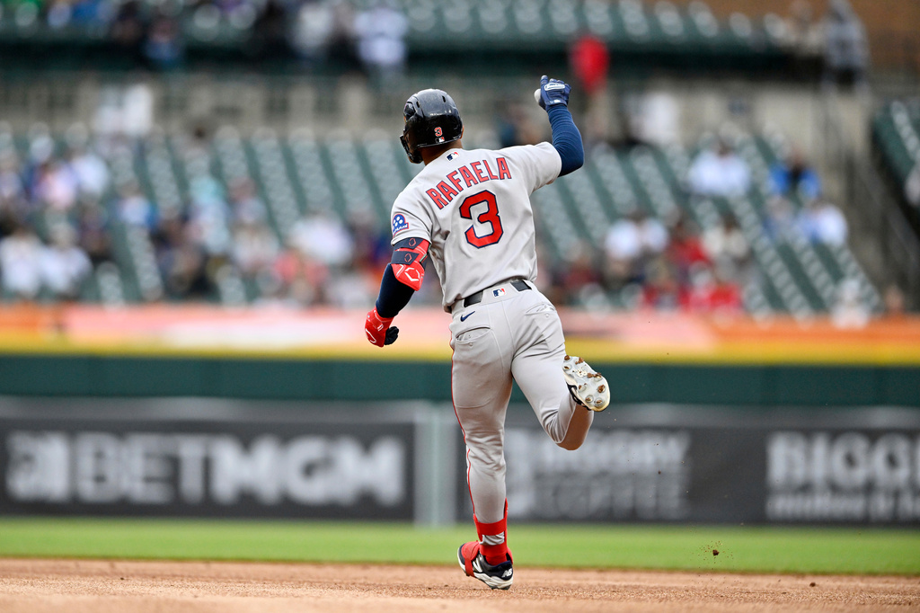 Boston Red Sox's Ceddanne Rafaela reacts after hitting a three-run homerun during the first inning of a baseball game against the Detroit Tigers, Tuesday, May 5, 2026, in Detroit. (AP Photo/Jose Juarez)
