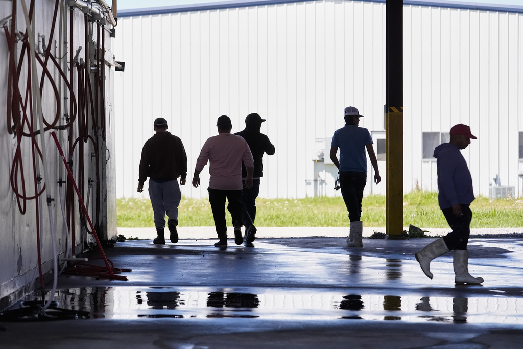 Workers walk between buildings at the Bocage Crawfish processing facility in Crowley, La., Thursday, March 19, 2026. (AP Photo/Gerald Herbert)