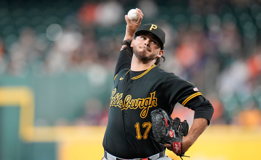 Pittsburgh Pirates starting pitcher Jared Jones delivers to Houston Astros' Jeremy Peña during the first inning of a baseball game, Thursday, June 4, 2026, in Houston. (AP Photo/Karen Warren)