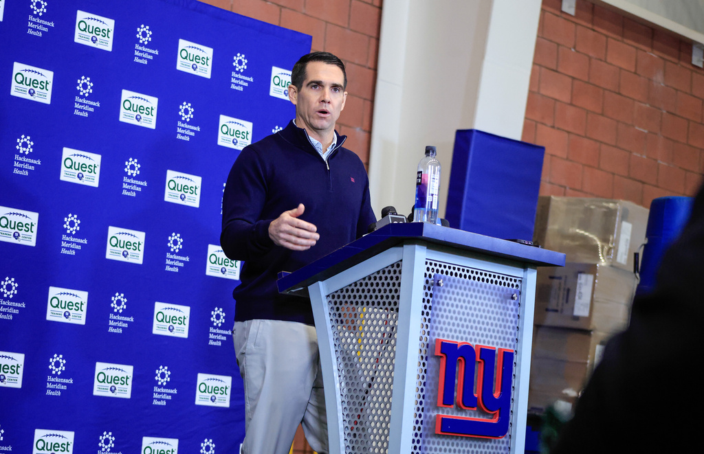 Joseph Schoen, senior vice president and general manager of the New York Giants, speaks during an NFL football press conference, Tuesday, Dec. 2, 2025, in East Rutherford, N.J. (AP Photo/Kena Betancur)