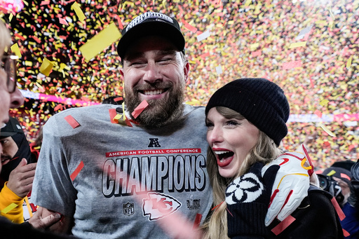 FILE - Travis Kelce, left, and Taylor Swift pose after the AFC Championship NFL football game against the Buffalo Bills, Jan. 26, 2025, in Kansas City, Mo. (AP Photo/Ashley Landis, File) FILE - Travis Kelce, left, and Taylor Swift pose after the AFC Championship NFL football game against the Buffalo Bills, Jan. 26, 2025, in Kansas City, Mo. (AP Photo/Ashley Landis, File)