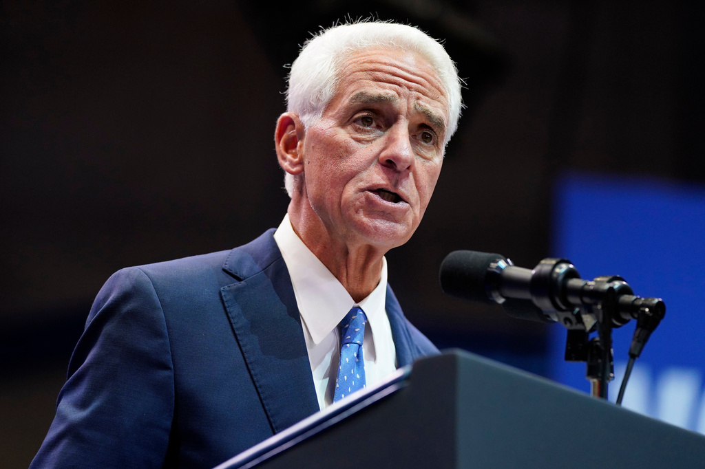 FILE - Florida gubernatorial candidate Rep. Charlie Crist, D-Fla., speaks before President Joe Biden at a campaign rally for to support Crist and Senate candidate Rep. Val Demings, D-Fla., at Florida Memorial University, Nov. 1, 2022, in Miami Gardens, Fla. (AP Photo/Evan Vucci, File)