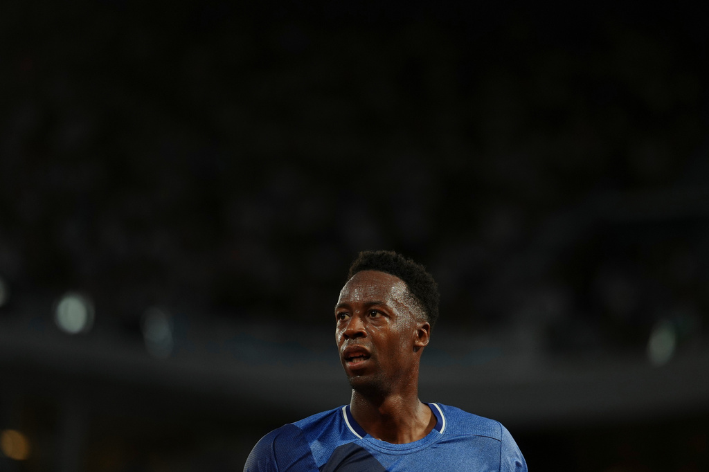 Gael Monfils of France reacts as he plays against Hugo Gaston of France during their first round men's singles tennis match at the French Open tennis tournament in Paris, Monday, May 25, 2026. (AP Photo/Aurelien Morissard)