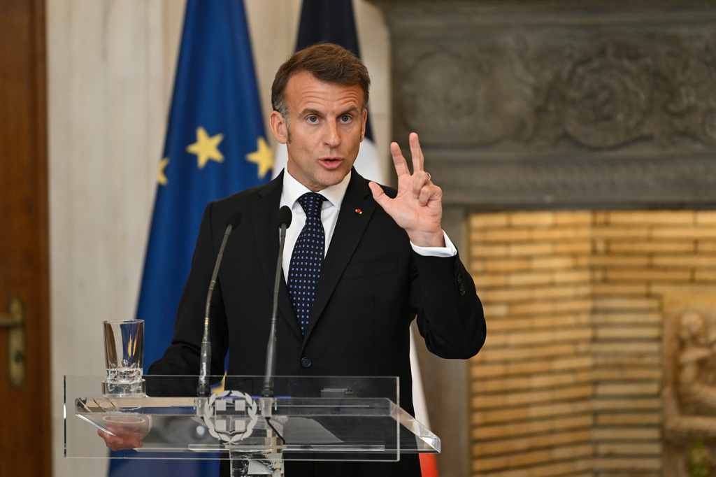 France's President Emmanuel Macron speaks during a media conference with Greece's Prime Minister Kyriakos Mitsotakis at Maximos Mansion in Athens, Greece, Saturday, April 25, 2026. (AP Photo/Michael Varaklas)