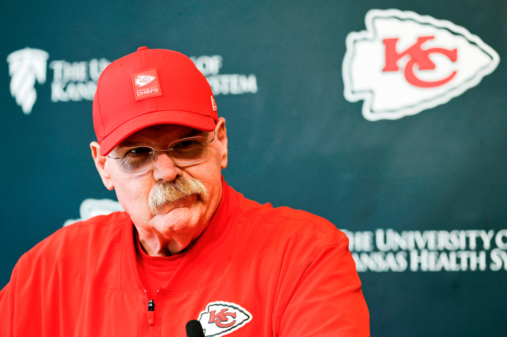 Kansas City Chiefs head coach Andy Reid reacts to a question as he meets with the media on the second day of the NFL football team's rookie minicamp in Kansas City, Mo., Saturday, May 2, 2026. (AP Photo/Colin E. Braley)