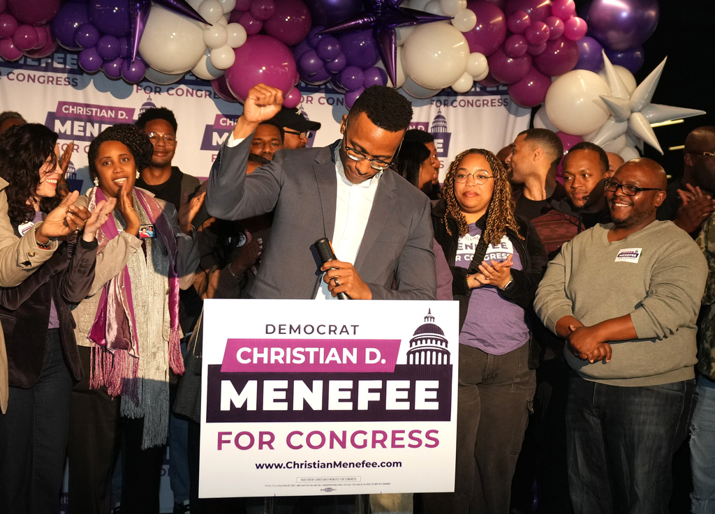Texas Congressional Candidate Christian Menefee speaks to supporters during his watch party at The Post Houston on Election Day, in Houston, Saturday, Jan. 31, 2026. (AP Photo/ Karen Warren)