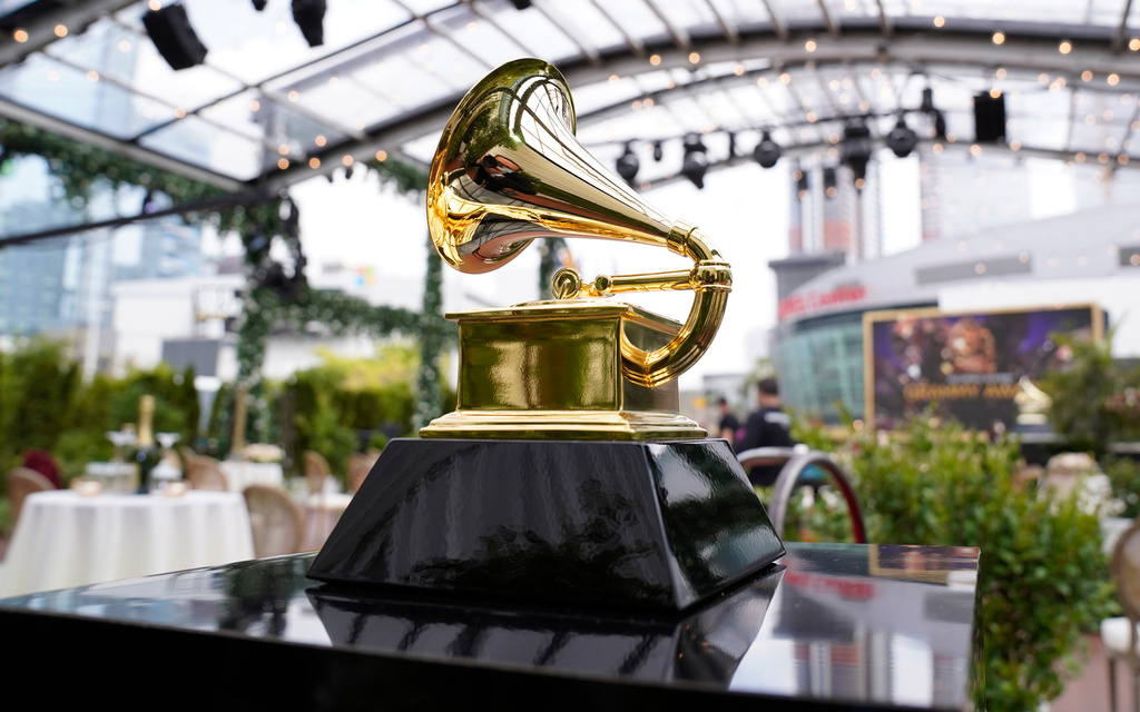 FILE - A decorative Grammy Award is displayed before the start of the 63rd annual Grammy Awards in Los Angeles on March 14, 2021. (AP Photo/Chris Pizzello, File)
