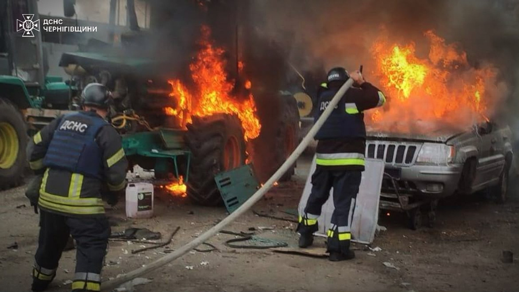 In this photo provided by the Ukrainian Emergency Service, emergency services personnel work to extinguish a fire following a Russian air attack in Chernihiv, Ukraine, Wednesday, July 8, 2026. (Ukrainian Emergency Service via AP)