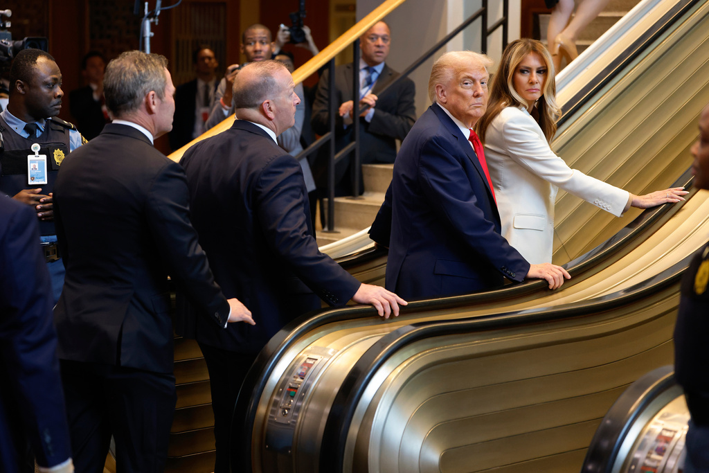 President Donald Trump and First Lady Melania Trump arrive for the 80th session of the United Nations General Assembly, Tuesday, Sept. 23, 2025, at U.N. headquarters. (AP Photo/Stefan Jeremiah)