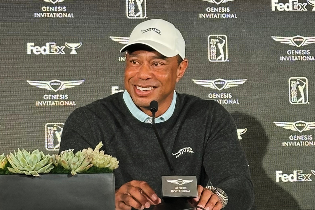 Tiger Woods speaks to the media at Riviera Country Club in Los Angeles, Tuesday, Feb. 17, 2026, ahead of the Genesis Invitational, where he is the tournament host. (AP Photo/Doug Ferguson)