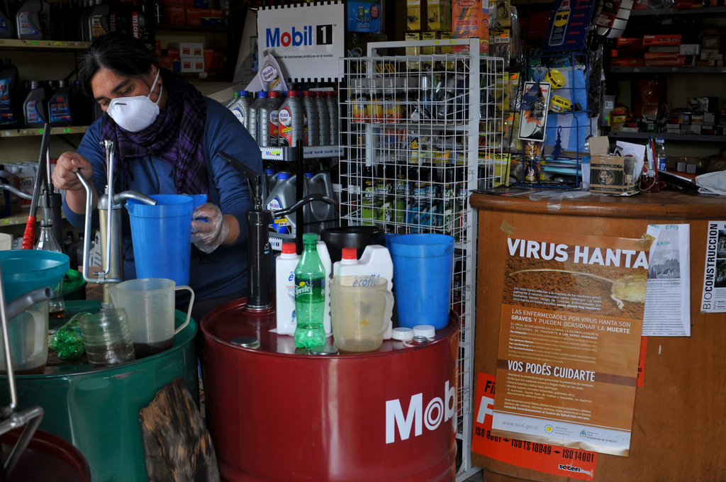 FILE - A woman works at her shop in Epuyen, Argentina, Friday, Jan. 11, 2019, after an outbreak of hantavirus. (AP Photo/Gustavo Zaninelli, File)