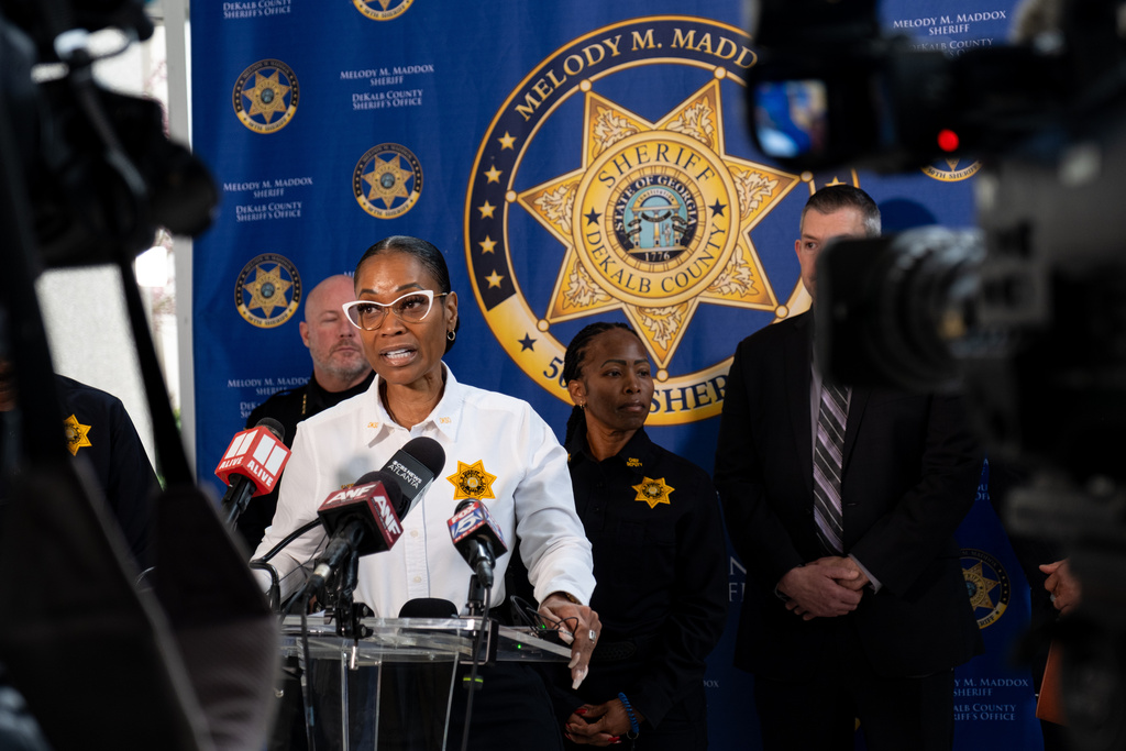 DeKalb County Sheriff Melody Maddox speaks to journalists Tuesday, Dec. 23, 2025, during a news conference in Decatur, Ga., about the escaped inmates who were captured late Monday. (Ben Gray /Atlanta Journal-Constitution via AP)
