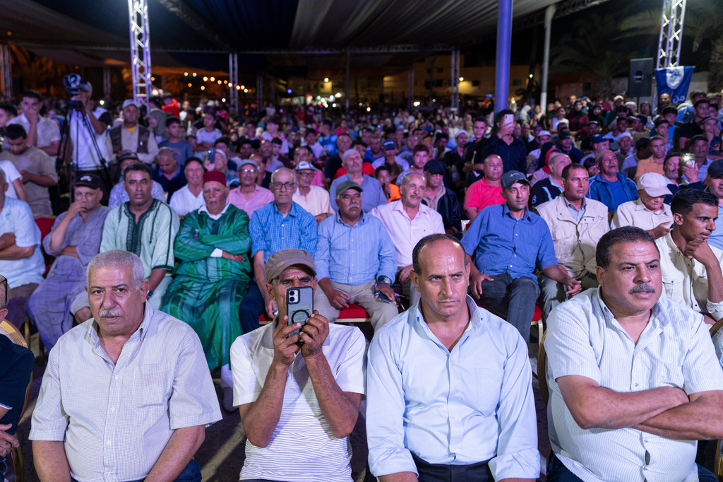 People attend an electoral rally for Authenticity and Modernity Party (PAM) ahead of the upcoming legislative elections, in Benslimane, Morocco, Sunday, Sept. 20, 2026. (AP Photo/Mosa'ab Elshamy)