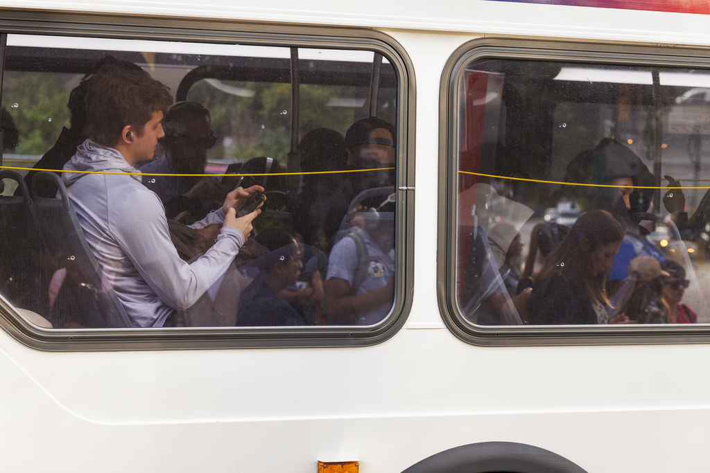Commuters ride on the SEPTA route 125 bus, as seen from the Wissahickon Transportation Center, Monday, Aug. 25, 2025, in Philadelphia. (Alejandro A. Alvarez/The Philadelphia Inquirer via AP)